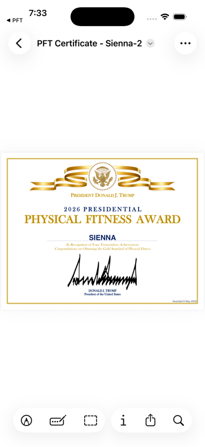 iPhone showing a filled Presidential Physical Fitness Award certificate with the student name and date populated